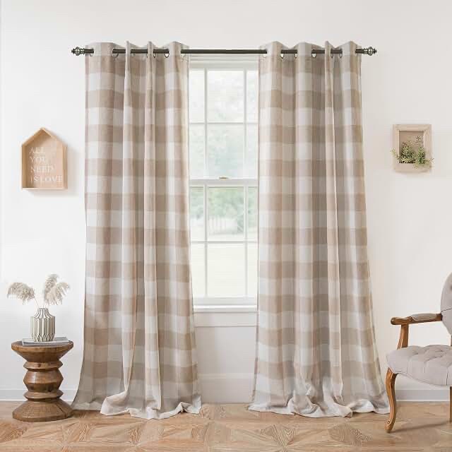 Grommet Top Linen-Look Plaid Curtains
