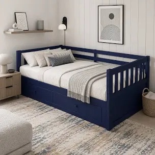 Extendable Daybed with Pull-Out Trundle, Wood Convertible Bed Frame with Guardrails and Slat Support, 2 Built-in Drawers, Easy to Assemble, No Box Spring Needed