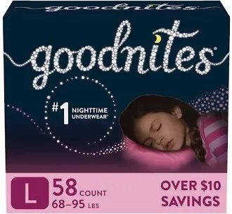 Goodnites Nighttime Underwear Size L (68-95 lbs), 58 Count