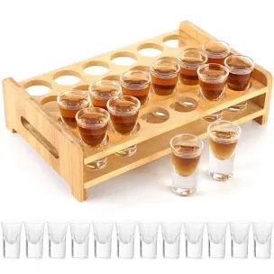 Wooden Shot Glass Serving Tray with 24 Glass Shot Glasses