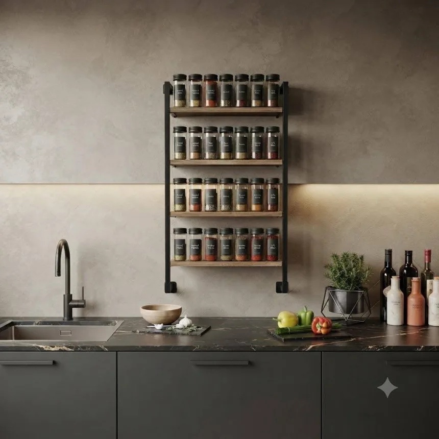 ZICOTO Modern Spice Rack, Black with Brown Wood, 4 Tier