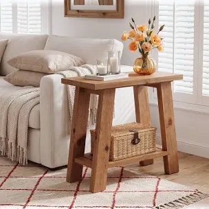 23.62" Farmhouse Solid Wood Side End Table with Storage Shelf for Living Room