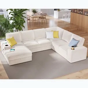 112 Inch Oversized Sofa, Sectional Sofa With USB Ports, Corduroy Beige
