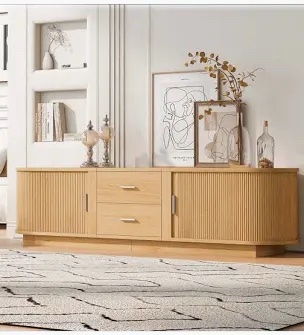 Modern TV Stand for TVs with Drawers, Hidden Sliding Storage, Rounded Corners