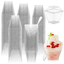 Bulk Disposable Plastic spoons and small bowl Set clear with silver sparkle