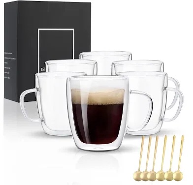 Venvenweavs Double Wall Glass Coffee Mugs, 13.5 oz, 6-Piece Set