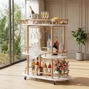 Garvee Mobile 3-Tier Serving Cart with Wine Rack and Glass Holder, Metal rolling cart with built-in wine & glass organizer, ideal for coffee station, mini bar, dining room