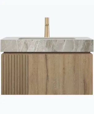 30" MURI Roma Travertine-Pattern Sintered Stone Countertop and Undermount Ceramic Basin with One Standard Pre-drilled Faucet Hole, NO Cabinet, NO Faucet and Sink Cover