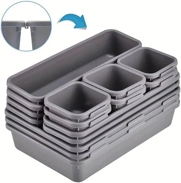 15 Piece Drawer Organizer Tray Set- dark grey