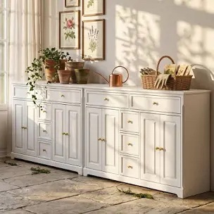 118" Wide Farmhouse Storage Buffet Cabinet Sideboard Set With 10 Drawers