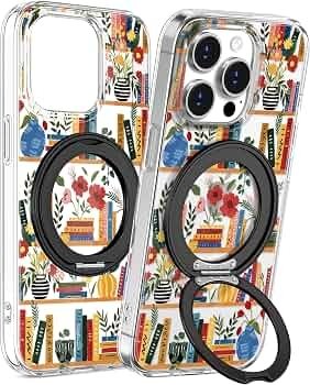 Clear Phone Case with Bookshelf and Floral Illustration with Built-in Ring Stand iphone 14 pro