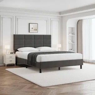 Full Size Upholstered Platform Bed Frame with Adjustable Linen Headboard,Noise-Free Design,Sturdy Wooden Slats,Easy Assembly – No Box Season Needed, Gray
