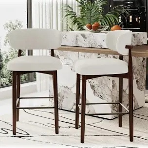 Modern Comfort Bar Stools, 26" Counter Height, Upholstered Linen with Curved Back, Wood Legs