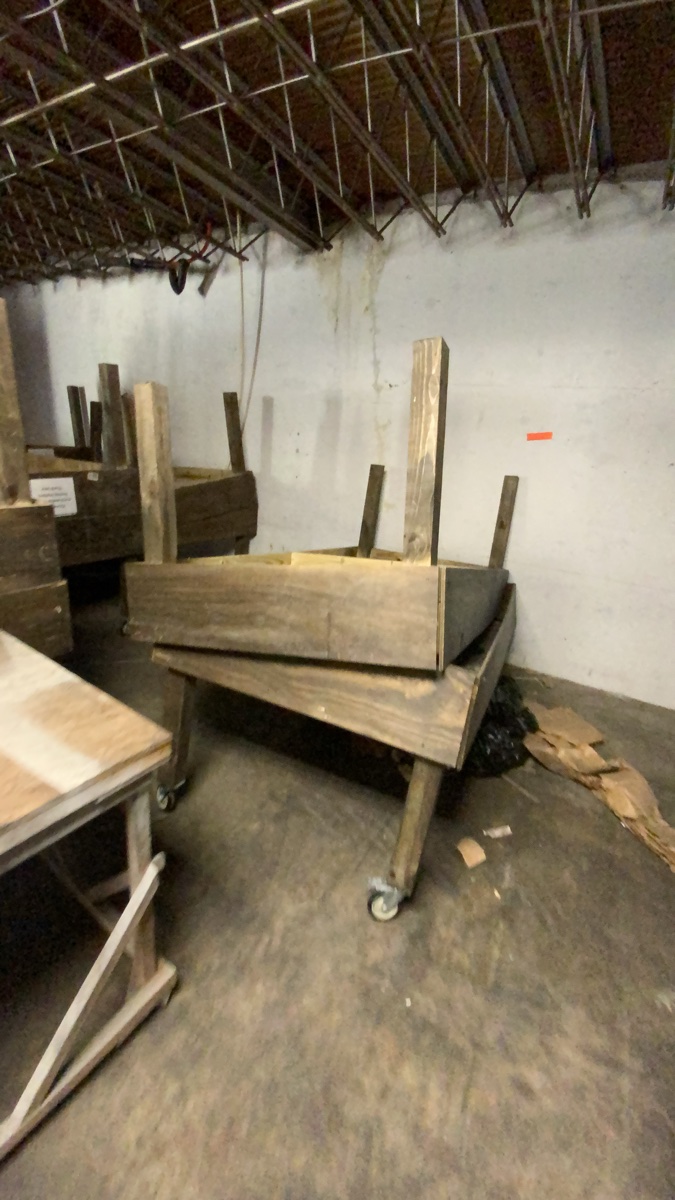 2 pcs (broken / missing wheels) Rolling Wooden Retail Display Table / Merchandising Bin