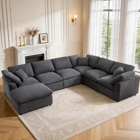 (No arms)Incomplete 7 Pieces Chenille Sectional Corner Sofa 125" Modular Reversible Deep Seat Cloud Couch With Ottoman Chaise Set &