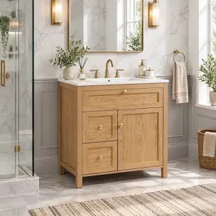 Box 1 of 2 30" Modern Bathroom Vanity With Integrated Ceramic Sink, Solid Wood Storage Cabinet With Door Racks & Drawer, Natural Wood