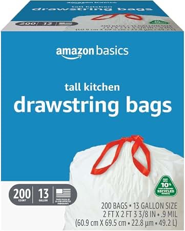 Amazon Basics Tall Kitchen Drawstring Bags, 13 Gallon, 200 Count