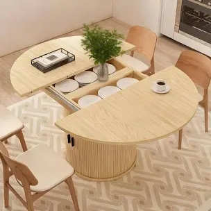 Expandable Modern Farmhouse Dining Table | Hidden Leaf & 8 Compartment Storage Base | Seats 4-6