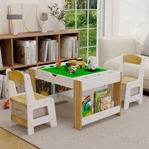 Kids 2 In 1 Play Table & 2 Chairs Set,With 7 Storage Compartments,Compatible With Lego Building Block,Modern Activity Learning Table Game Furniture-White