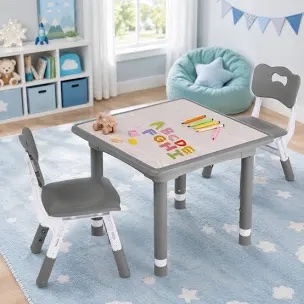 Kids Table and 2 Chairs Set, Children Activity Table with Large Built-in Storage, Graffiti Desktop, Adjustable Height Toddler Chair with Anti-Slip Foot Covers for Reading, Drawing, Snack Time