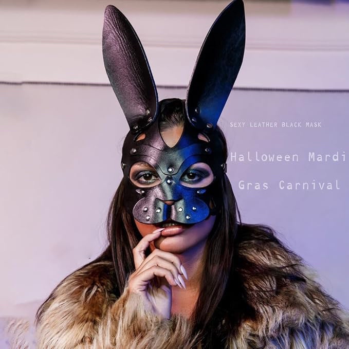 Black Faux Leather Bunny Ears Mask with Stud Details