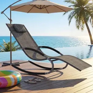 Outdoor Rocking Lounge Chair with Breathable Textilene Fabric, Patio Lounger with Pillow, 300 lbs Capacity, Easy Assembly