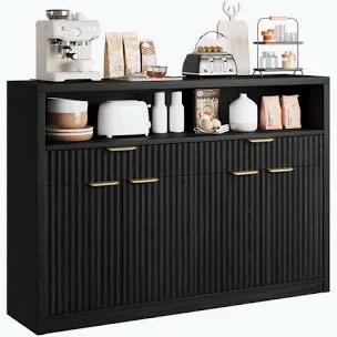 51" Buffet Sideboard Cabinet, Modern Hutch Storage Cabinets Black | Fluted Pantry with Doors, Drawers & Open Storage Shelf, Accent Cabinets Coffee Bar Table for Kitchen Living Room Dining Room