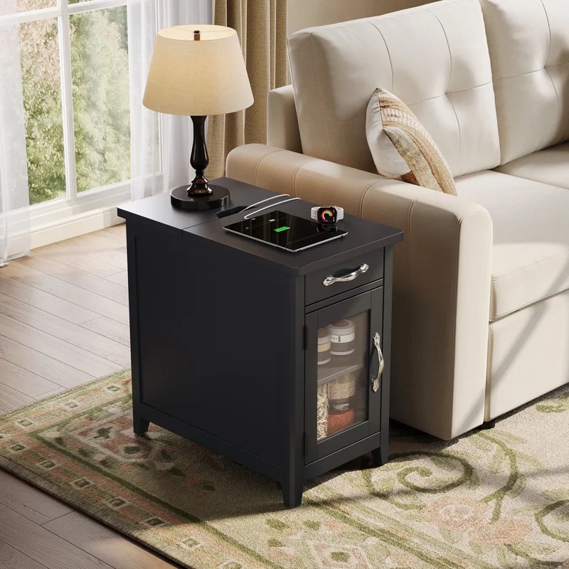 Soren End Table with Storage and Charging Station- black