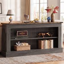 (No hardware)Extra long Sofa Console Table for Home Office โ 63" Narrow Entryway Accent with 3 Open Shelves & Drawer โ Thickened Base- Walnut brown