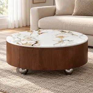 Modern Round Movable Coffee Table With 2 Drawers & Marble Pattern Sintered Stone Top, Living Room Table, 29.5"