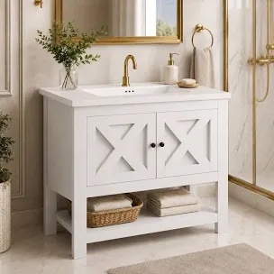 35" W Freestanding Single Bathroom Vanity with Sink, 2 Doors & Open Shelf