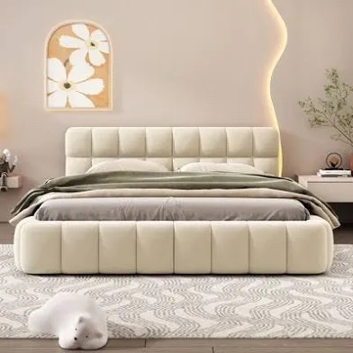 Modern Linen Platform Bed Frame, No Box Spring Required