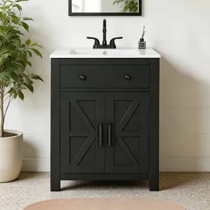24" Matte Black Farmhouse Bathroom Vanity Cabinet With Integrated Ceramic Sink & Adjustable Storage