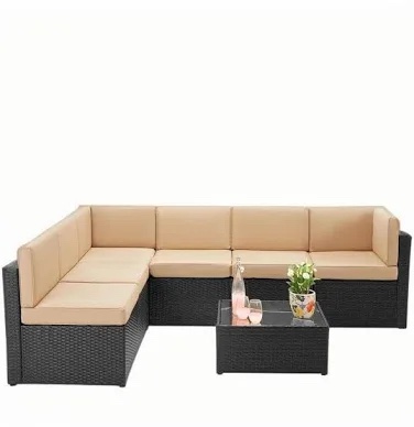Outdoor Black Rattan Seating Set with Khaki Cushions