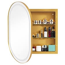 LED Lighted Oval Wall-Mounted Medicine Cabinet With Mirror Door And Interior Shelves- gold