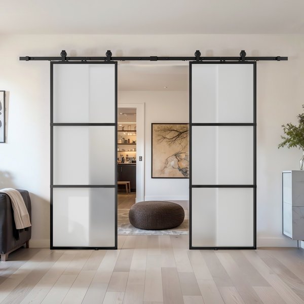 Frosted Glass Paneled Double Barn Door-( door only no hardware or track)