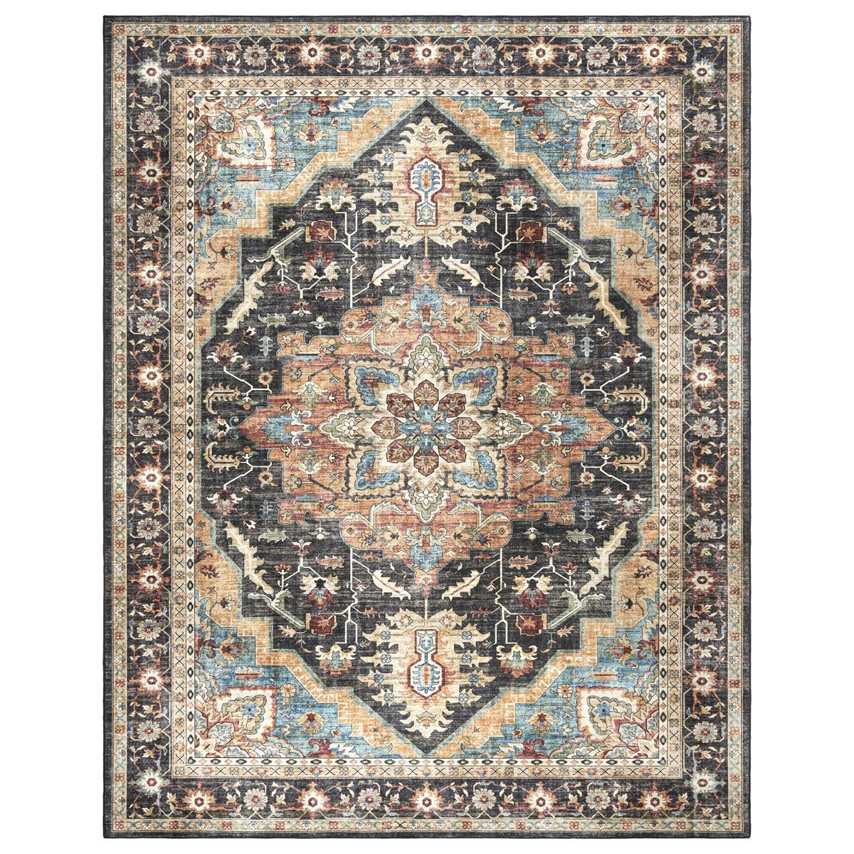 Samira Tiefi Traditional Medallion Washable Flat Pile Area Rug - Black/Beige Multi