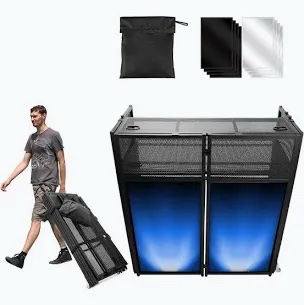 2‑Tier Portable DJ Booth Table, 43.31" H x 38.5" L Heavy‑Duty Dual‑Layer Metal DJ Event Facade Stand with Black and White Lighting Scrims for Party, Wedding & Live Performance