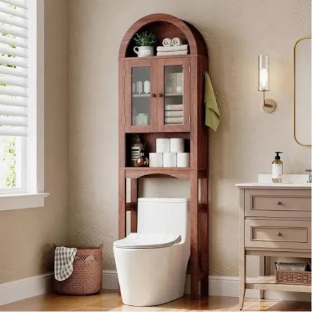 Freestanding Over-the-Toilet Storage Cabinet with Clear Glass Door