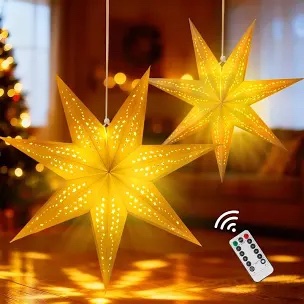 OuMuaMua Large Paper Star Lanterns with Lights, 5-Pack Christmas Hanging Decorations