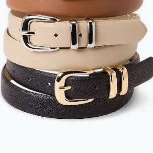 Set of 3 Women's Fashion Belts with Gold-Tone Buckles (Brown, Black, Beige)
