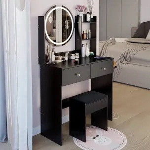 17" Round LED Mirror Vanity Table+Cushioned Stool, Equipped With 2 AC+2 USB Power Socket, Big Mirror, Touch Switch, 3 Colors, Adjustable Brightness, Large Desktop, Multi-layer High Capacity Storage