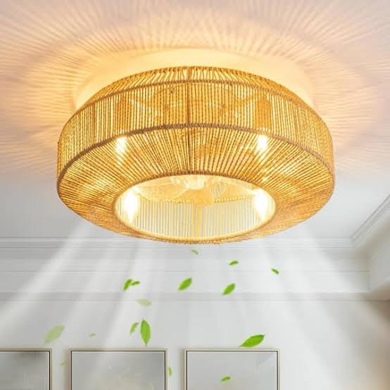 Imitation Rattan Ceiling Fan with Light - Flush Mount Fixture