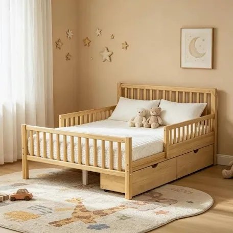 Minimalist Style Both Sides Guardrails Wood Platform Bed With Two Storage Drawers And Headboard