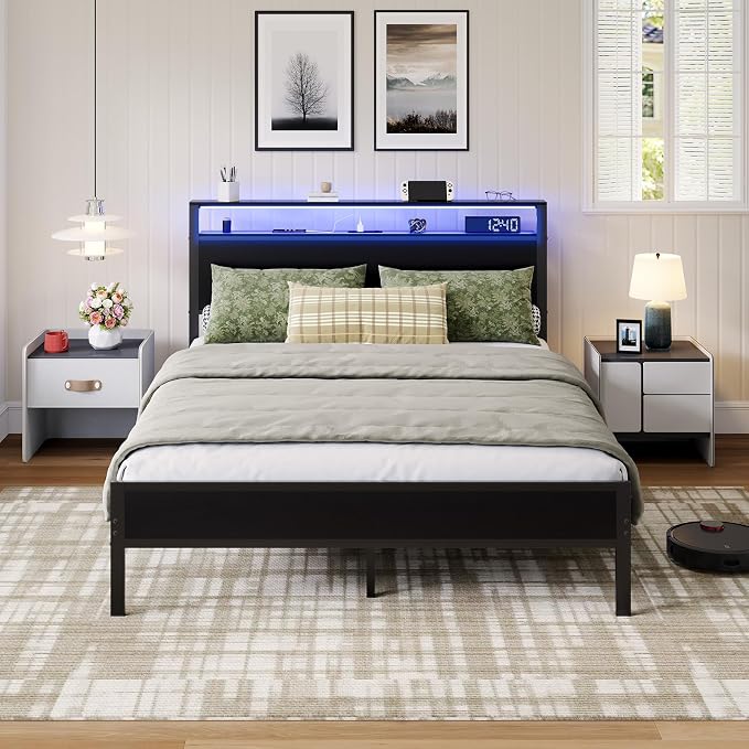 LED Platform Bed Frame With Adjustable Headboard