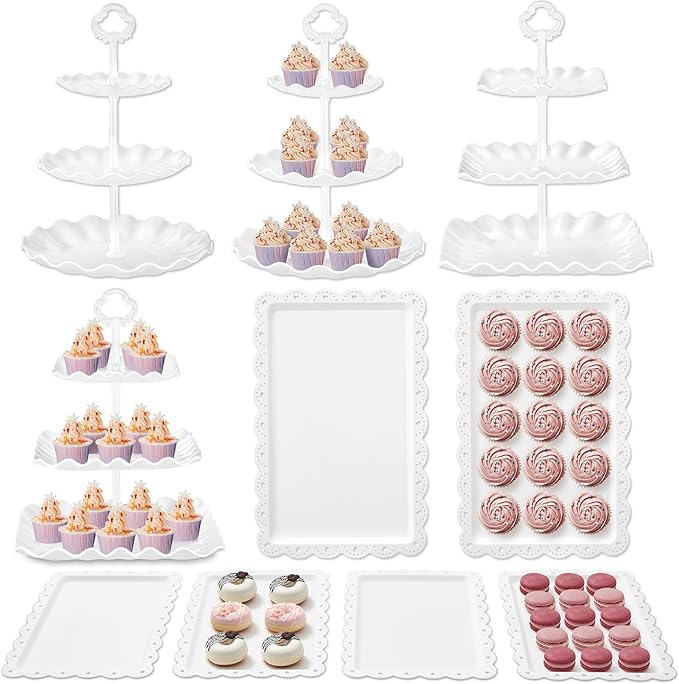 (Square tiers only)Set of White Scalloped Serving Trays and Tiered Display Stands