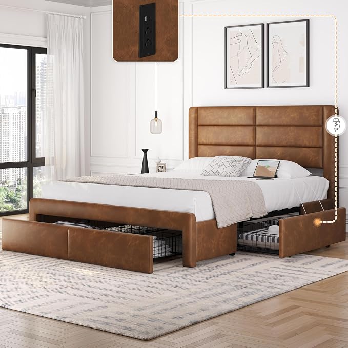 Avelle Vegan Leather Metal Platform Storage Bed with 3 Storage Drawers and Built-In USB Ports