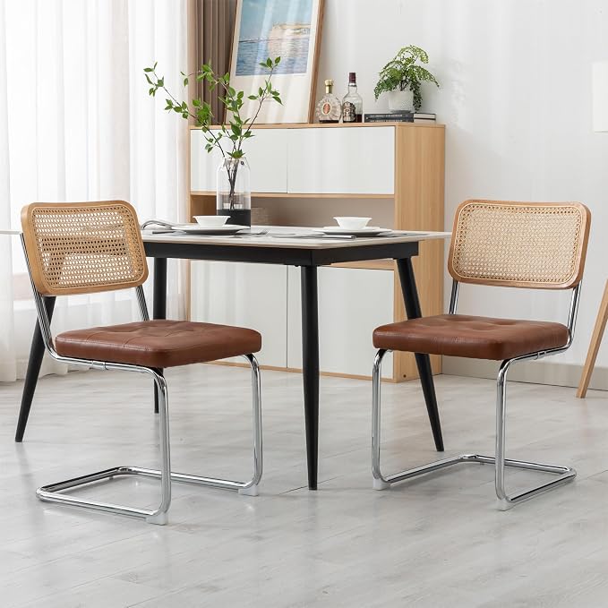 Pateley Mid-Century Modern Dining Chair with Rattan Backrest(Set of 2)
