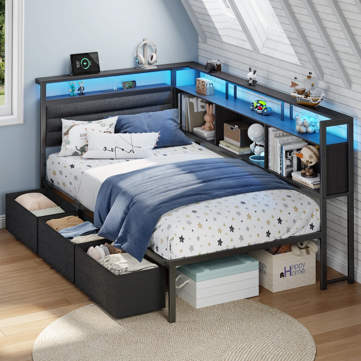 Corner Bed Frame with 3 Drawers and Storage Bookcase, Daybed with Charging Station and LED Lights