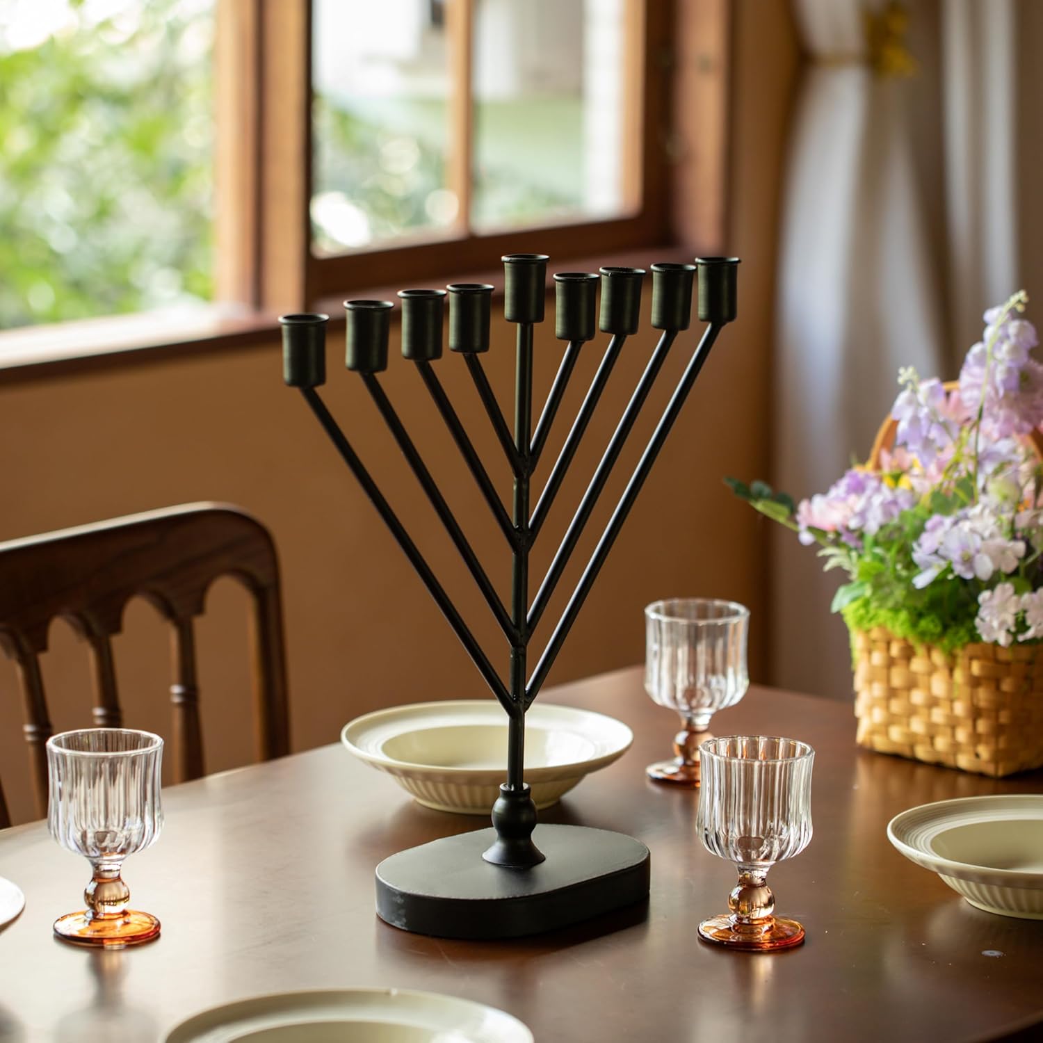 Vintiquewise 9-Branch Rambam-Style Hanukkah Menorah Mid-Century Modern Decorative Accent Traditional Celebration Display and Festive Lighting Centerpiece Ideal for Tables Mantels and Shelves, Black